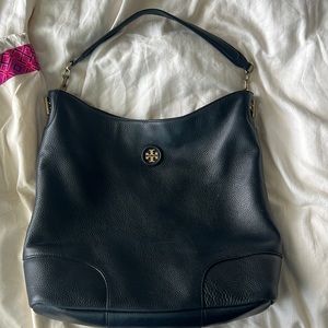 Tory Burch black leather tote with gold accents